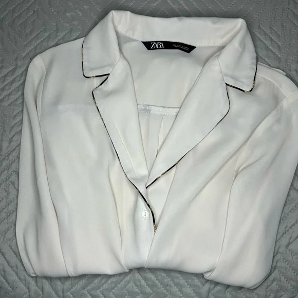 ZARA silky Ivory blouse w/ animal-print piping trim size S - Picture 12 of 14